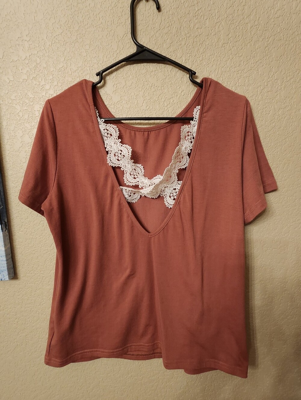 SHEIN Lace-Back Crew Neck Tee - Dusty Rose